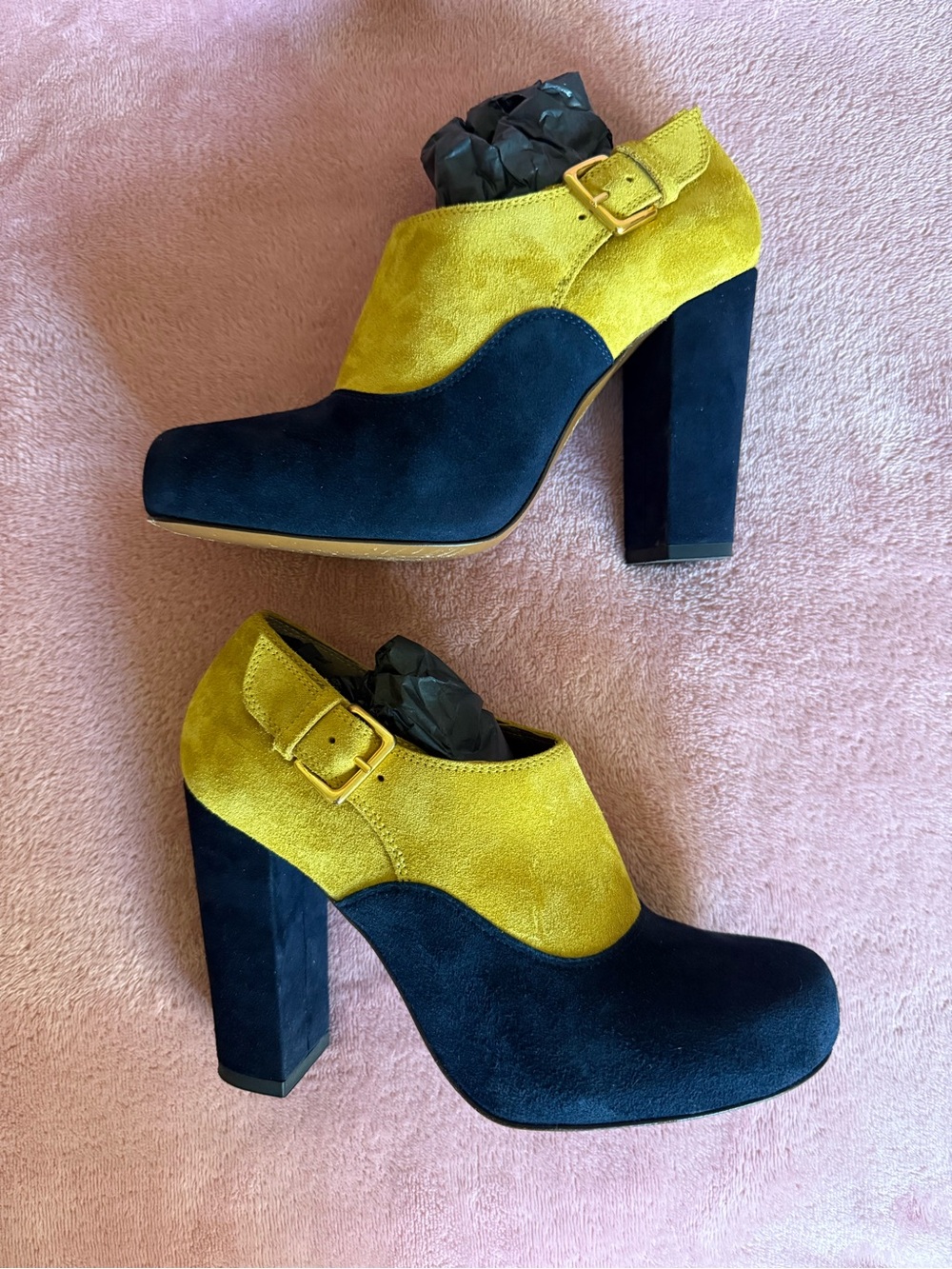 MARNI Suede Two-Tone Navy and Mustard Block Heel Pumps - Size 37